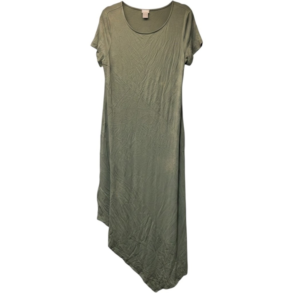 Chicos Maxi Dress Womens 1 M Olive Green Excellent Asymmetrical Hem Short Sleeve